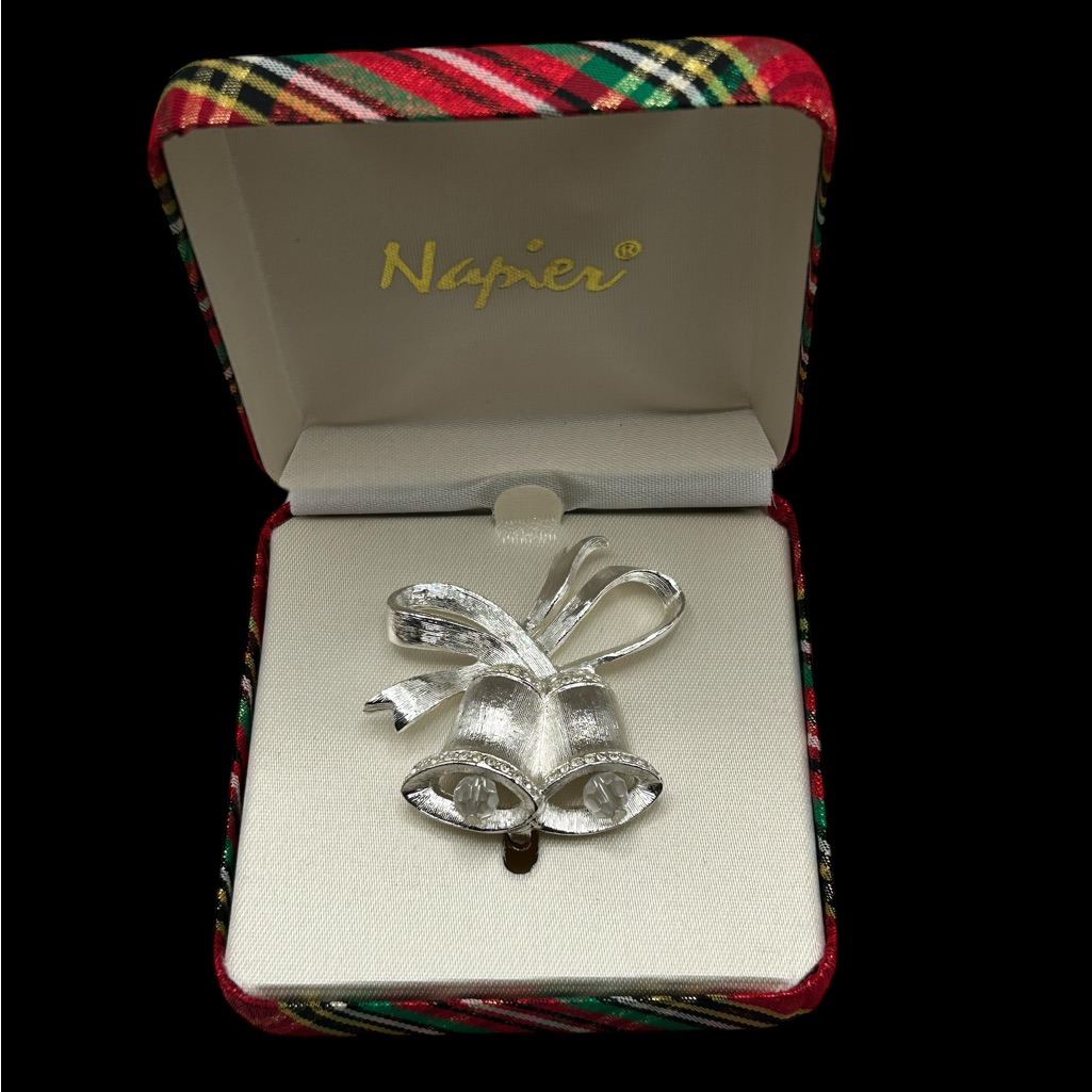 Nos Signed Napier Christmas Bells Brooch Original Box
